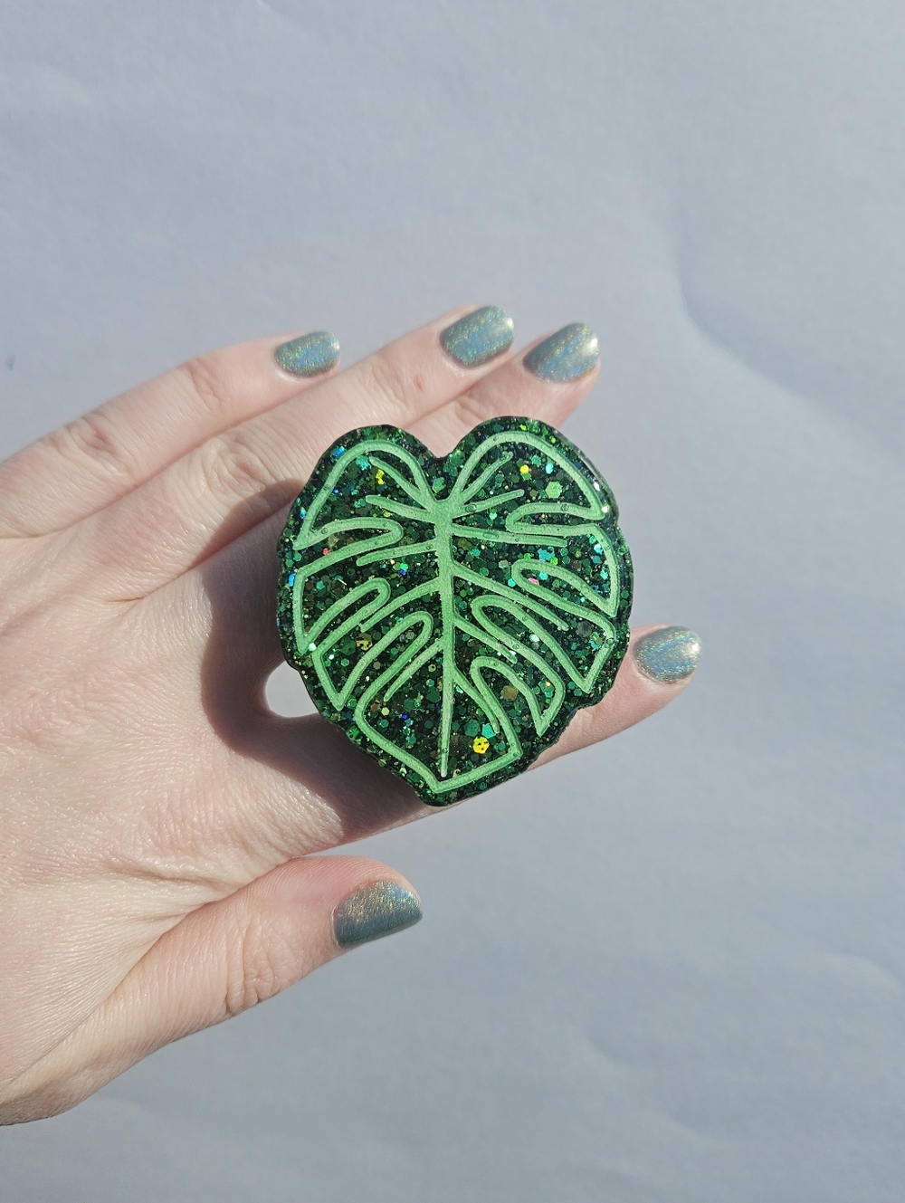Handmade Green Glitter Monstera Leaf Phone Grip